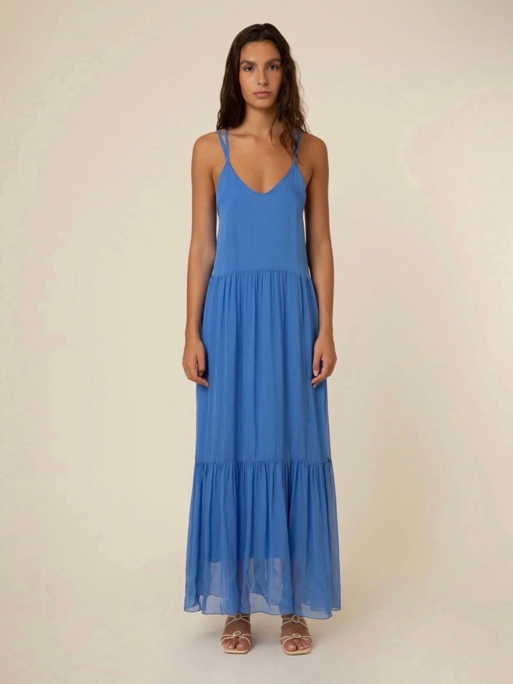 NWOT FRNCH Jailys Satin Maxi Dress Blue Spaghetti-Strap Maxi Dress